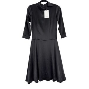 HIRAETH Long Sleeve Satin Flare Dress in Black Size S